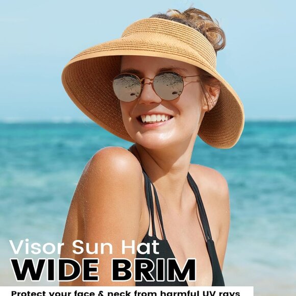 Beach Sun Straw Hats for Women, UPF 50+ UV Sun Protection Wide Brim Summer Straw - Picture 5 of 7